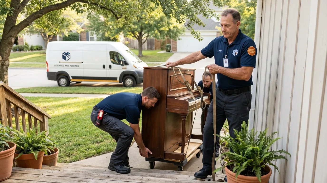 Licensed piano movers securing grand piano in Kechi, KS
