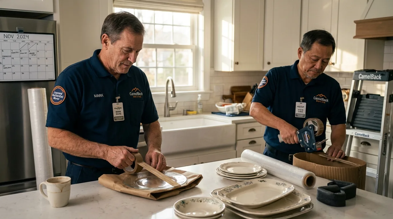 Professional crew packing kitchen dishware in Kechi, KS